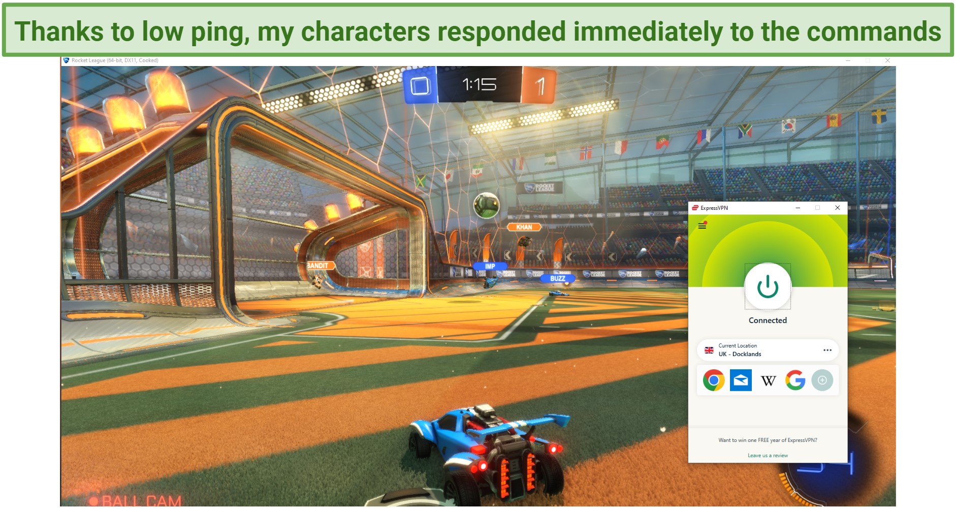 Screenshot of the game Rocket League, played while connected to the ExpressVPN UK server.