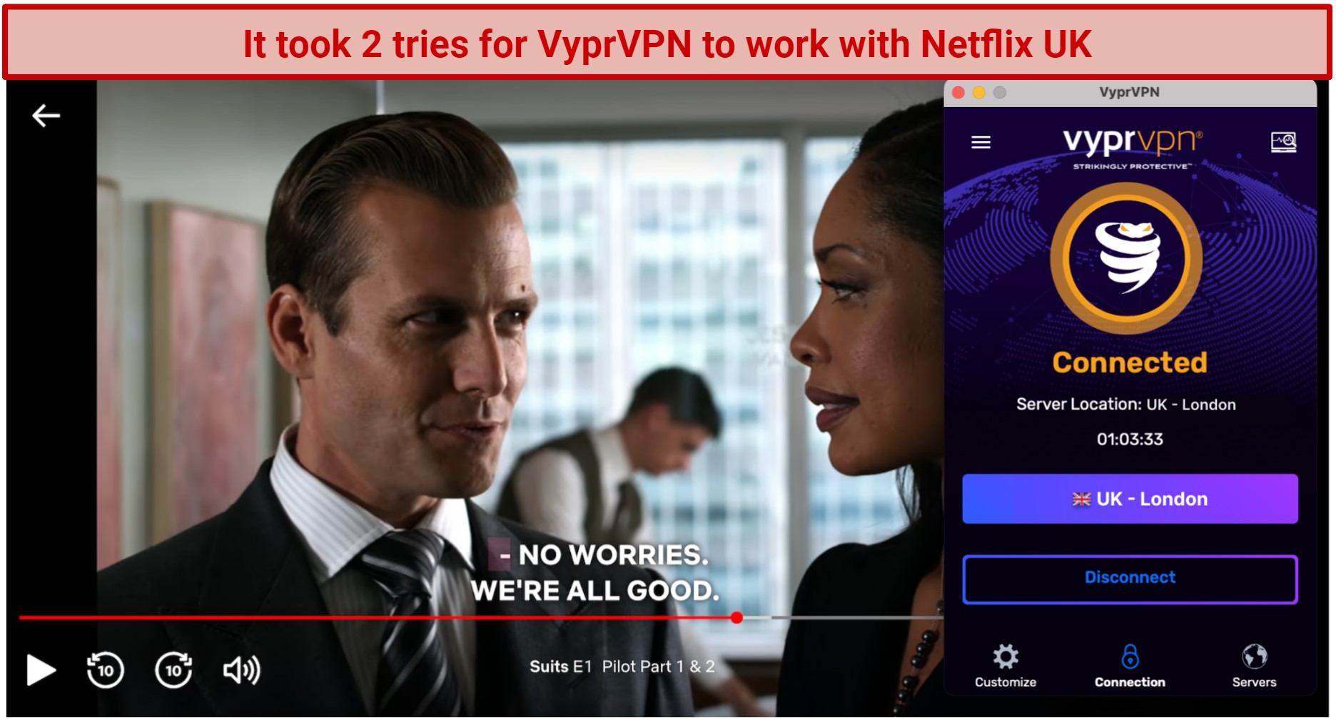 Screenshot of VyprVPN working with Netflix UK