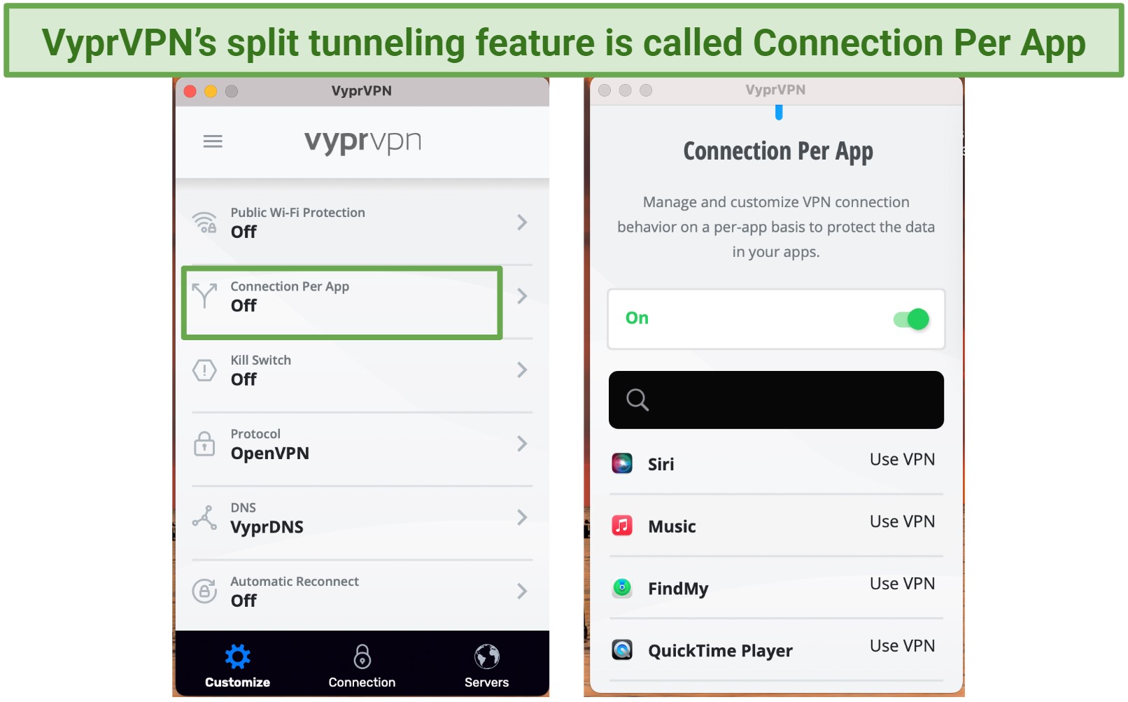 Screenshot of VyprVPN settings include Connection Per App feature