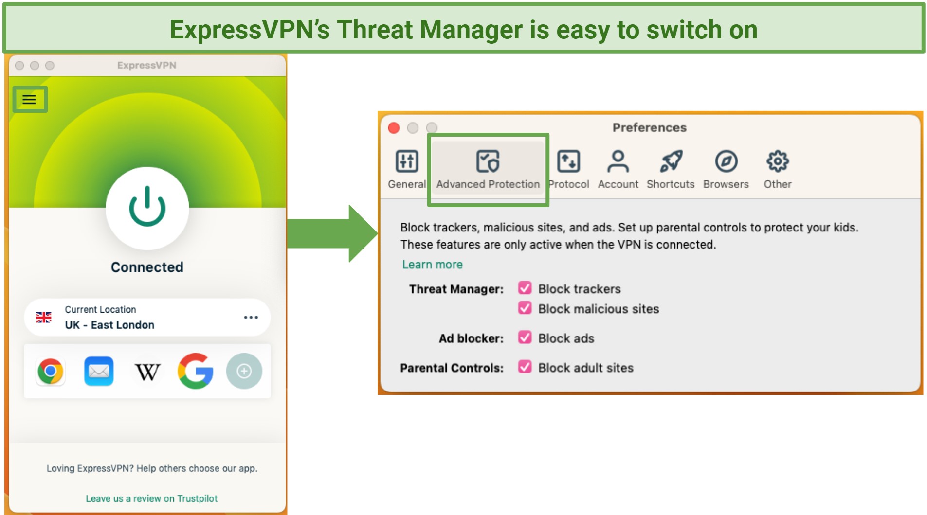 Screenshot of ExpressVPN's Threat Manager and ad blocking feature