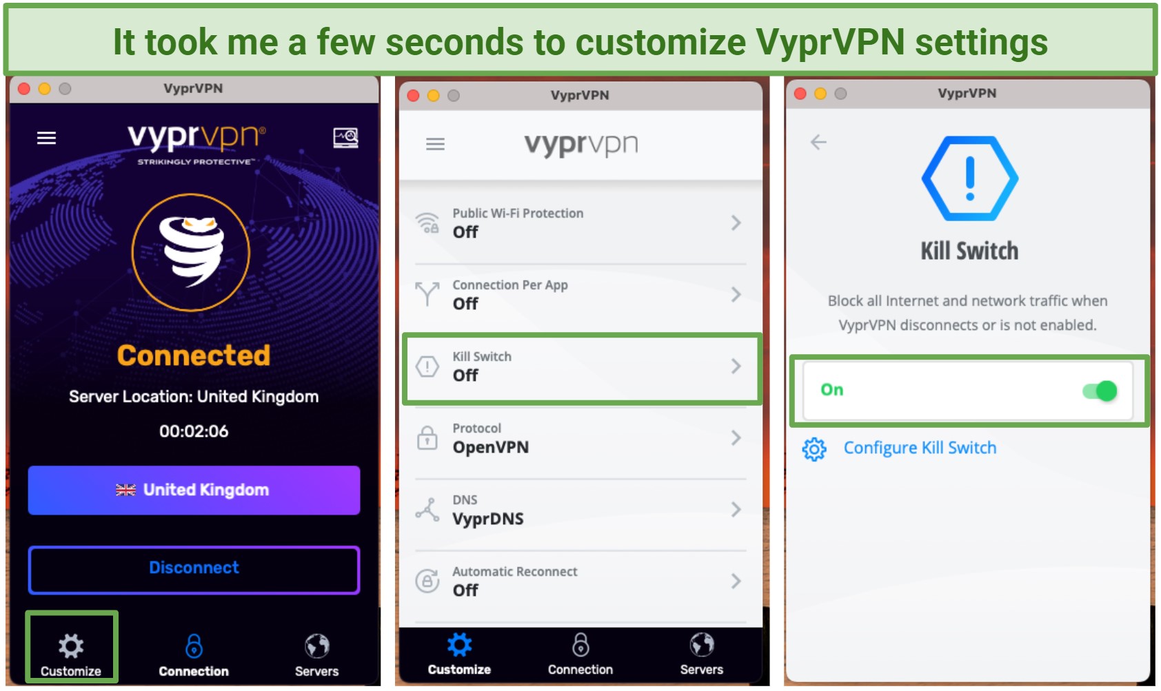 Screenshot of VyprVPN interface and settings menu