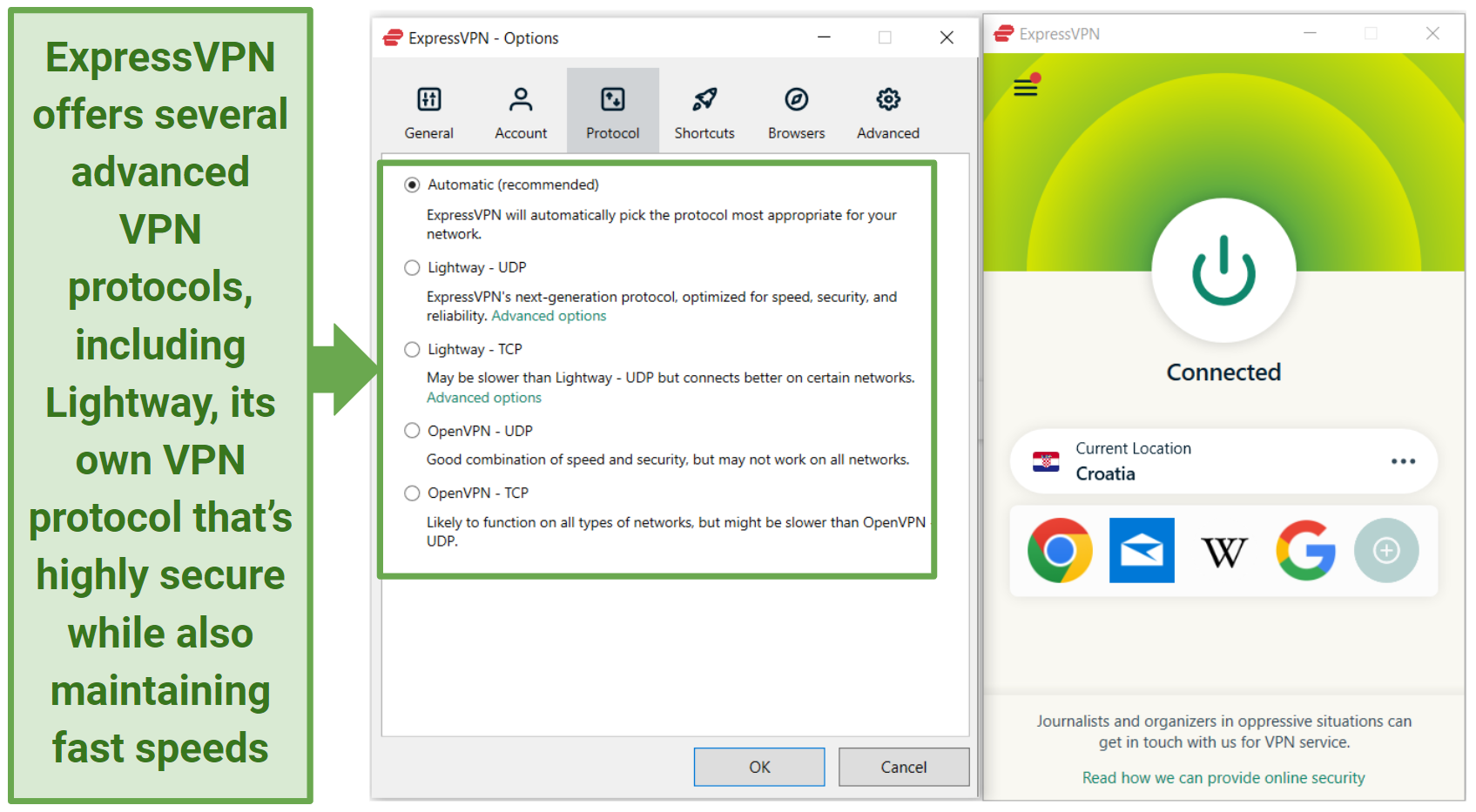 Screenshot of ExpressVPN's Windows app, showing its protocols