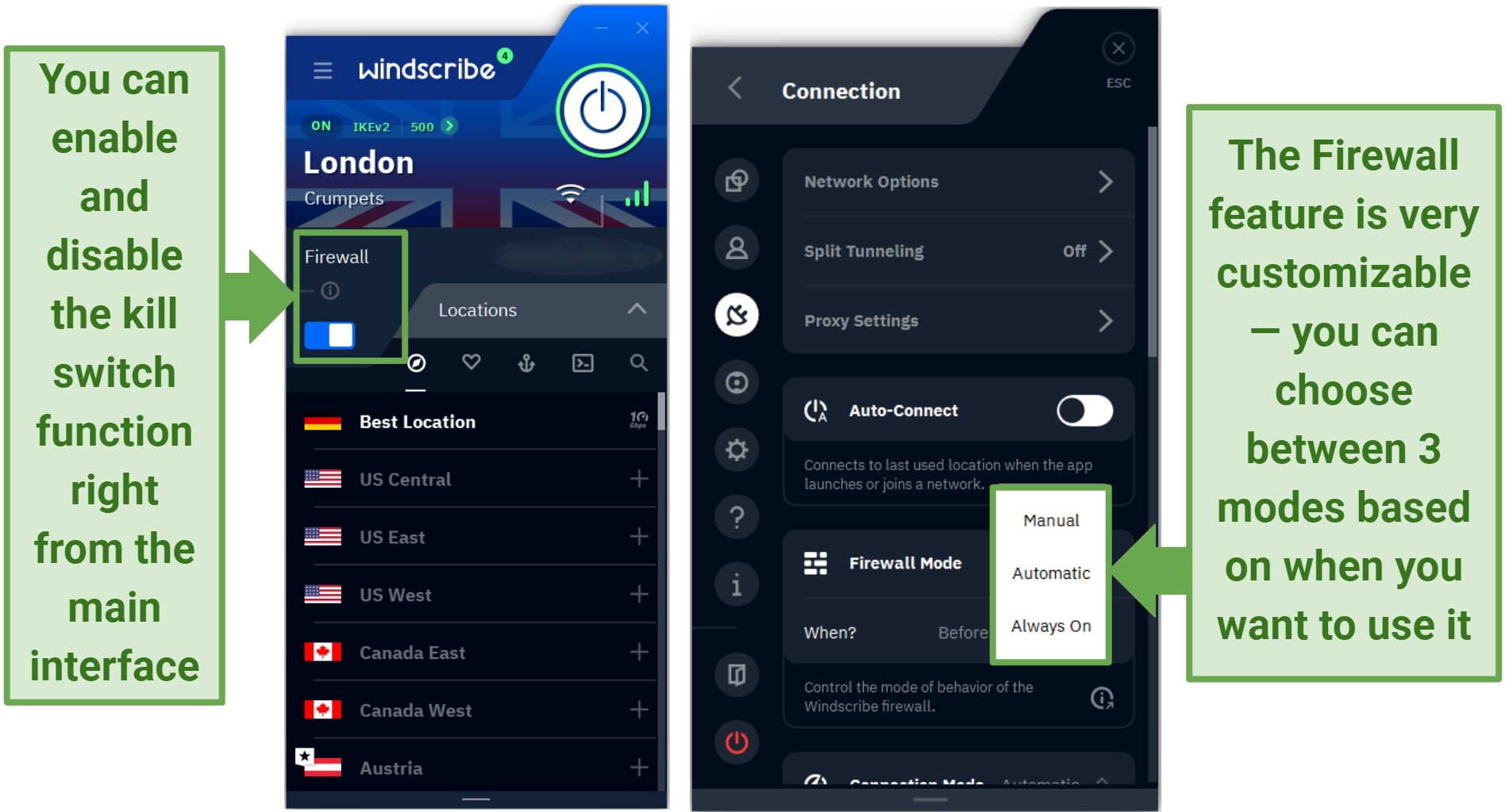 Screenshot of Windscribe's Windows app showing the Firewall feature