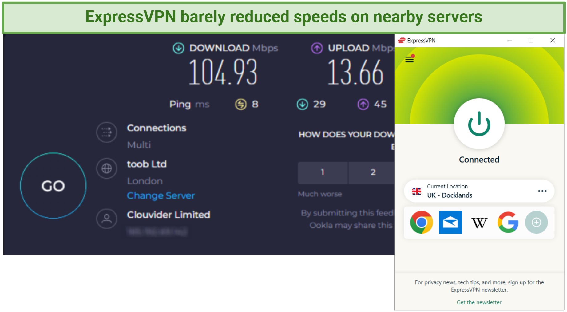 Screenshot showing ExpressVPN's download and upload speeds