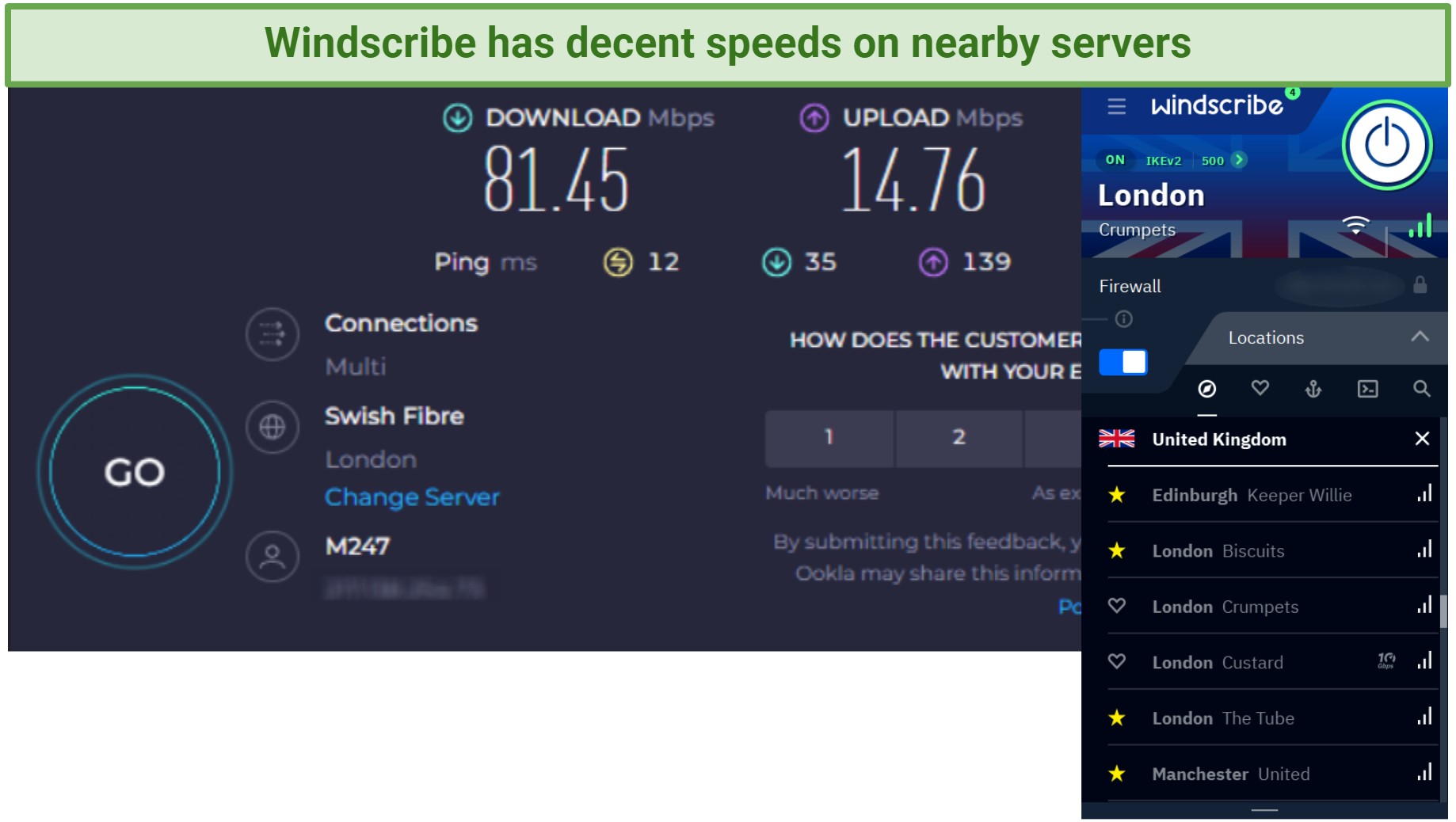 Screenshot showing Windsribe's download and upload speeds