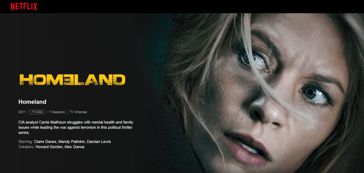 A screenshot of Homeland on Netflix.