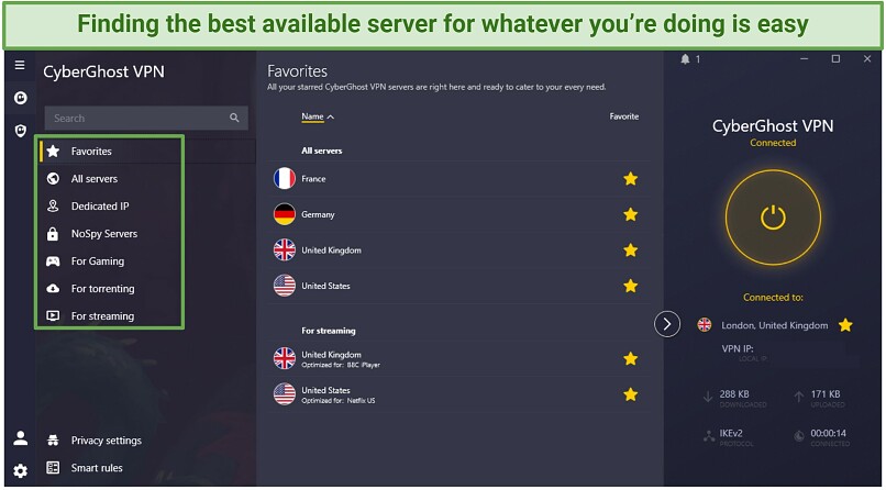 Screenshot showing the CyberGhost app with categories for different server types