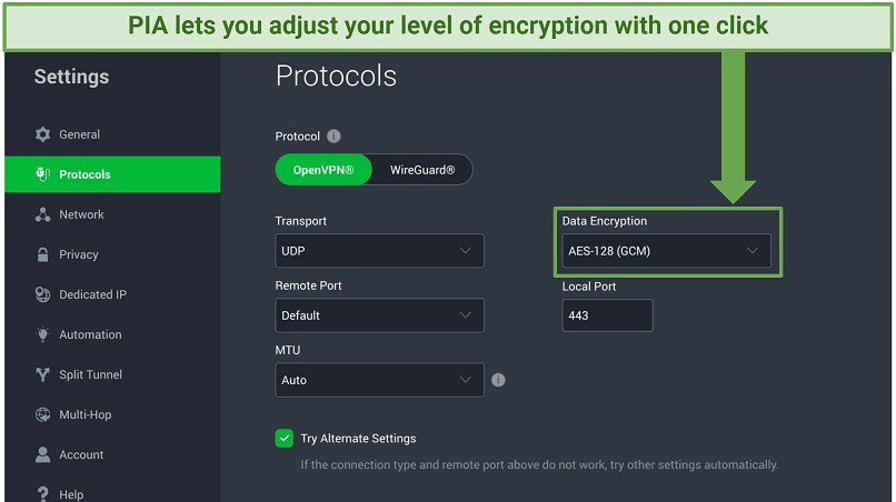 Screenshot showing how to switch encryption levels on the PIA app