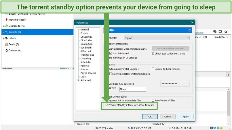 Screenshot of uTorrent settings useful for increasing torrenting speeds