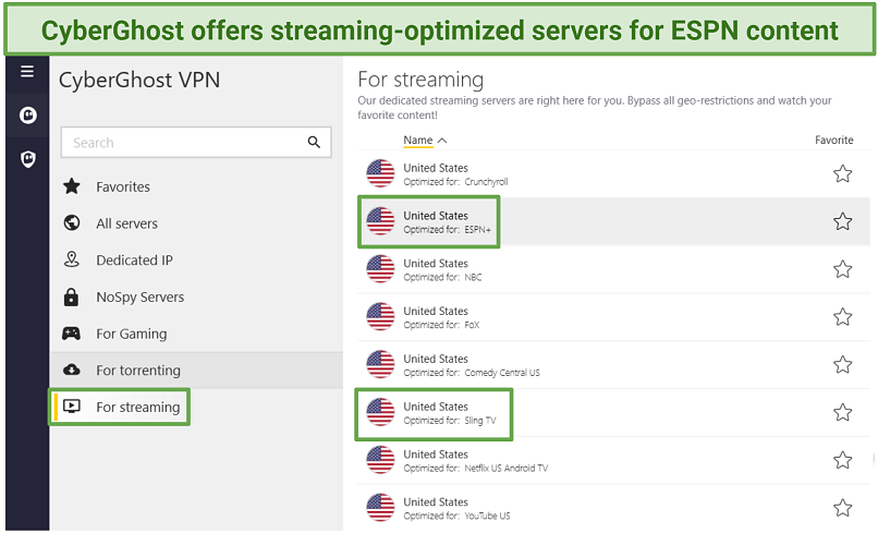 A screenshot of CyberGhost's streaming optimized servers, including servers for ESPN and Sling TV