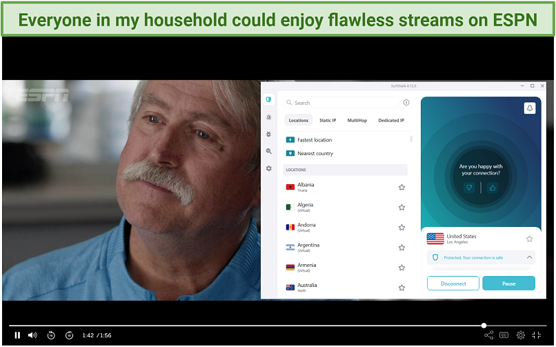 A screenshot of streaming ESPN while connected to Surfshark.