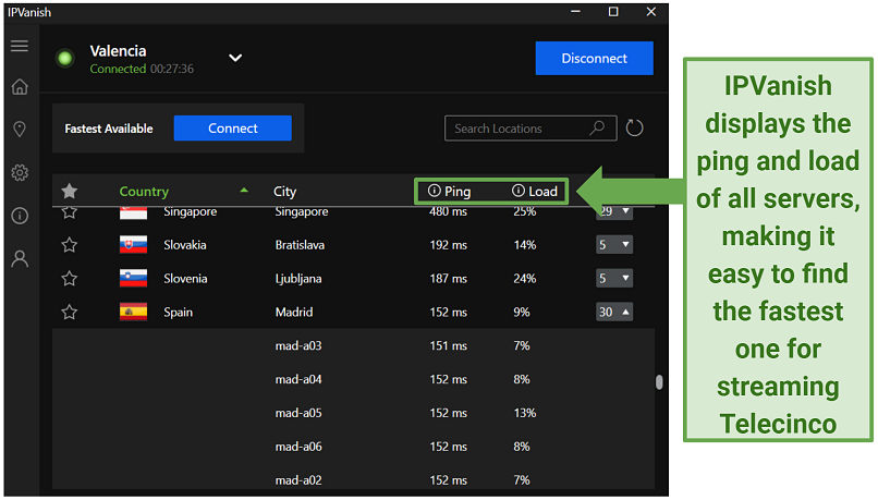 Graphic showing different servers of IPVanish in different countries displaying load and ping in front of them.