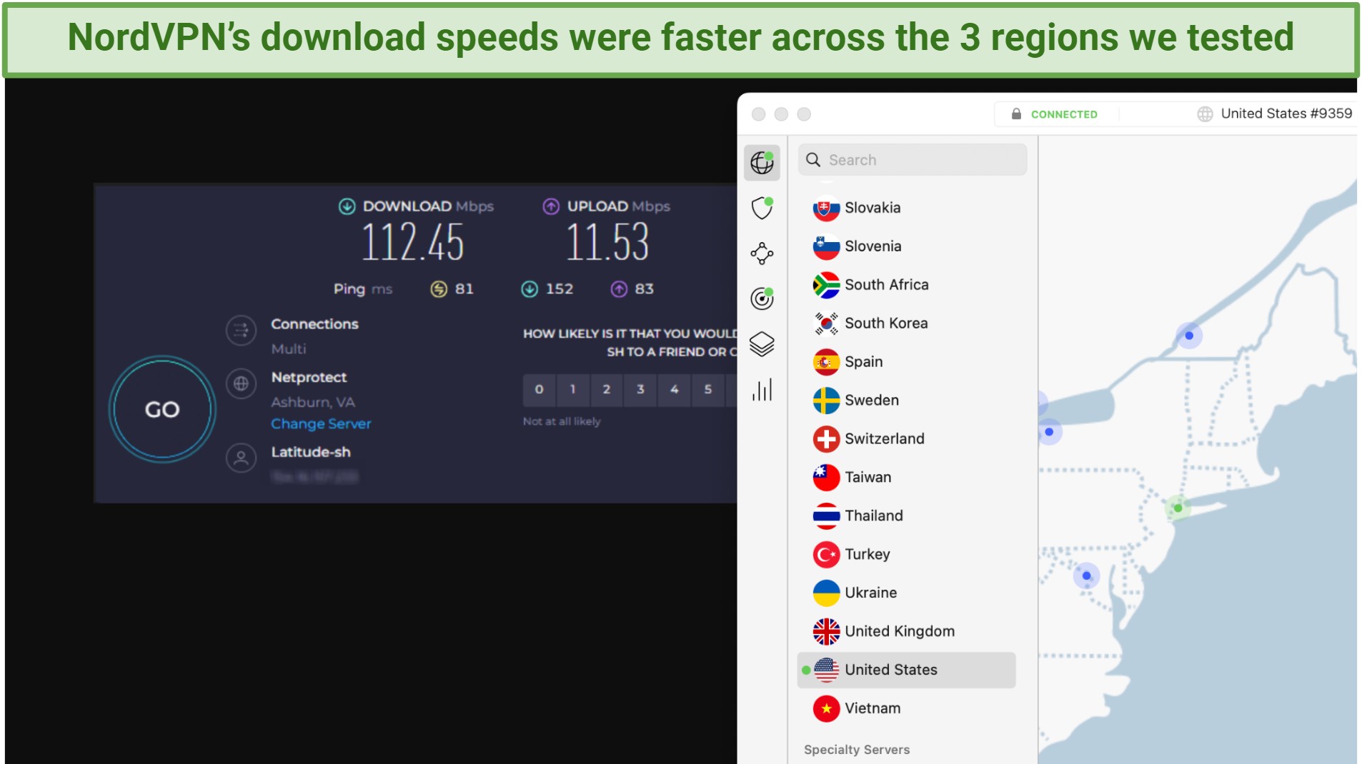 Screenshot of the NordVPN app connected to a server in New York over an online speed test