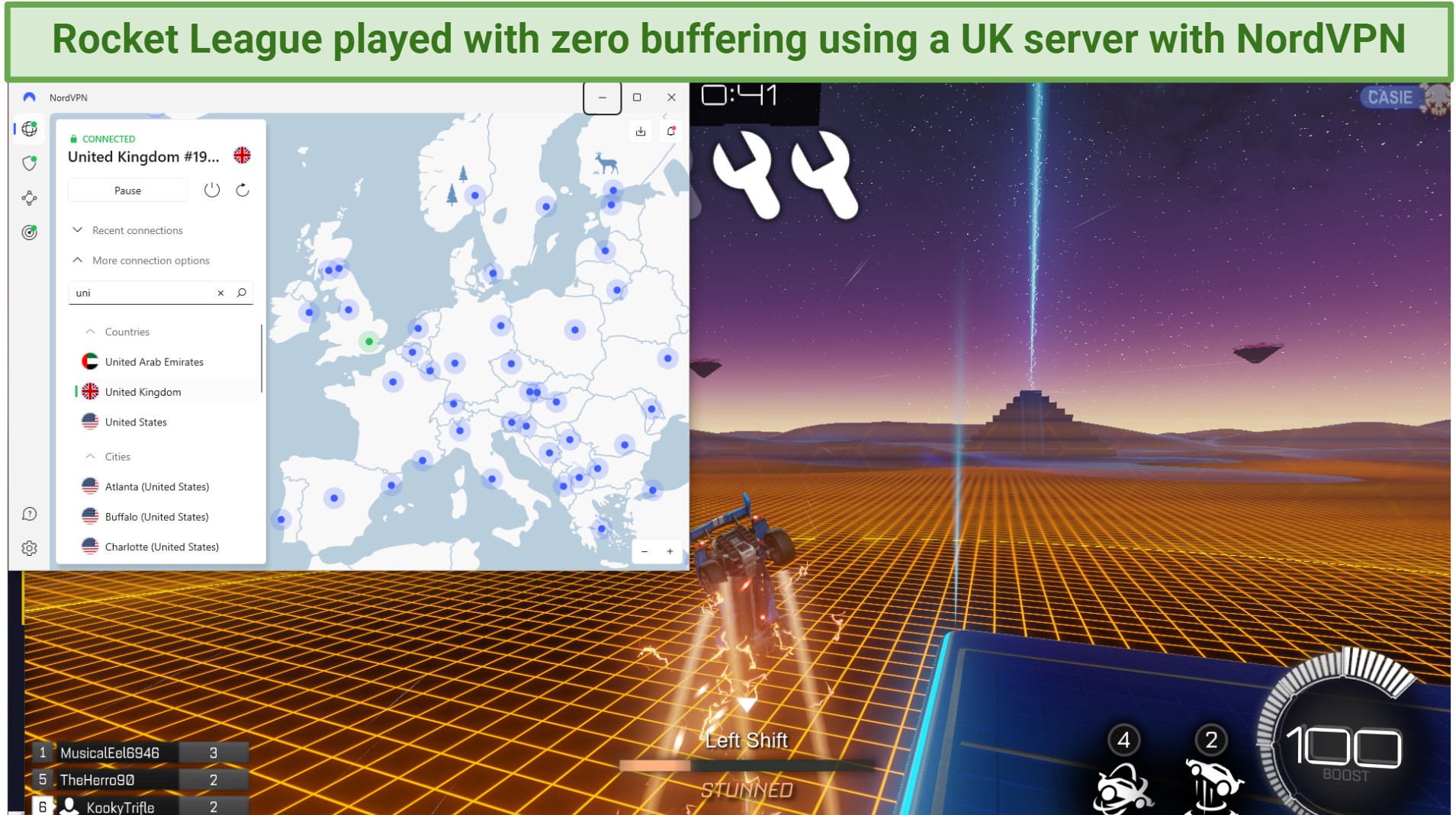 Screenshot of the NordVPN app connected to a UK server over Rocket League playing on a browser