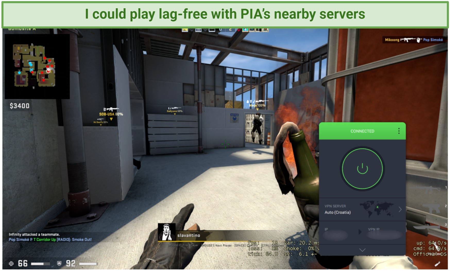 Screenshot of playing CSGO while connected to the closest PIA server