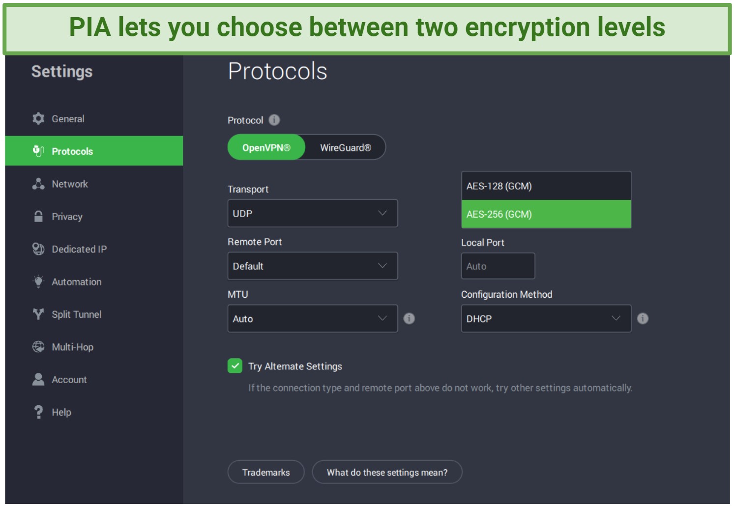 Screenshot of PIA's app where you can select the level of encryption
