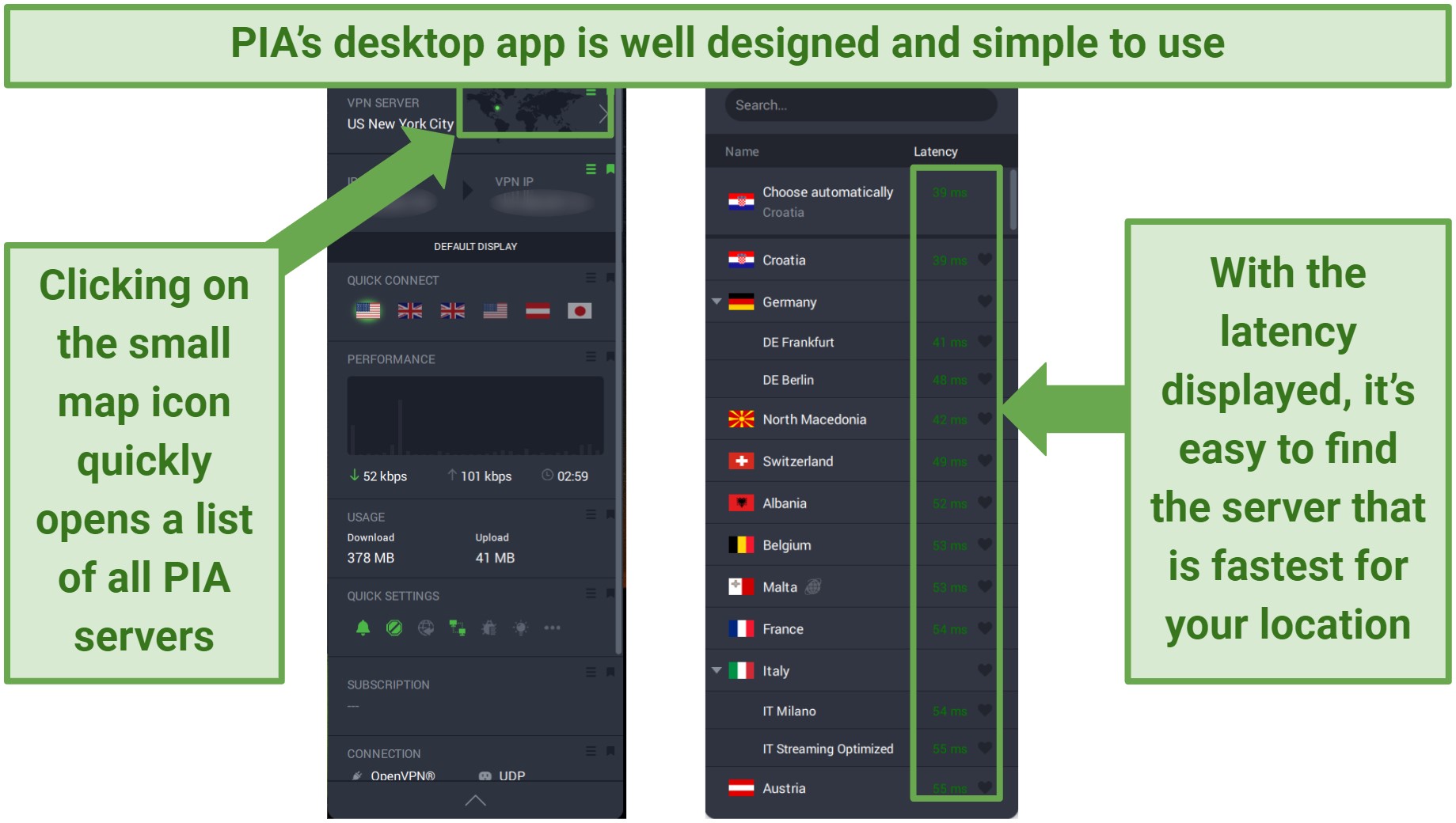 Screenshot of PIA's Windows app showing the main interface and the list of servers