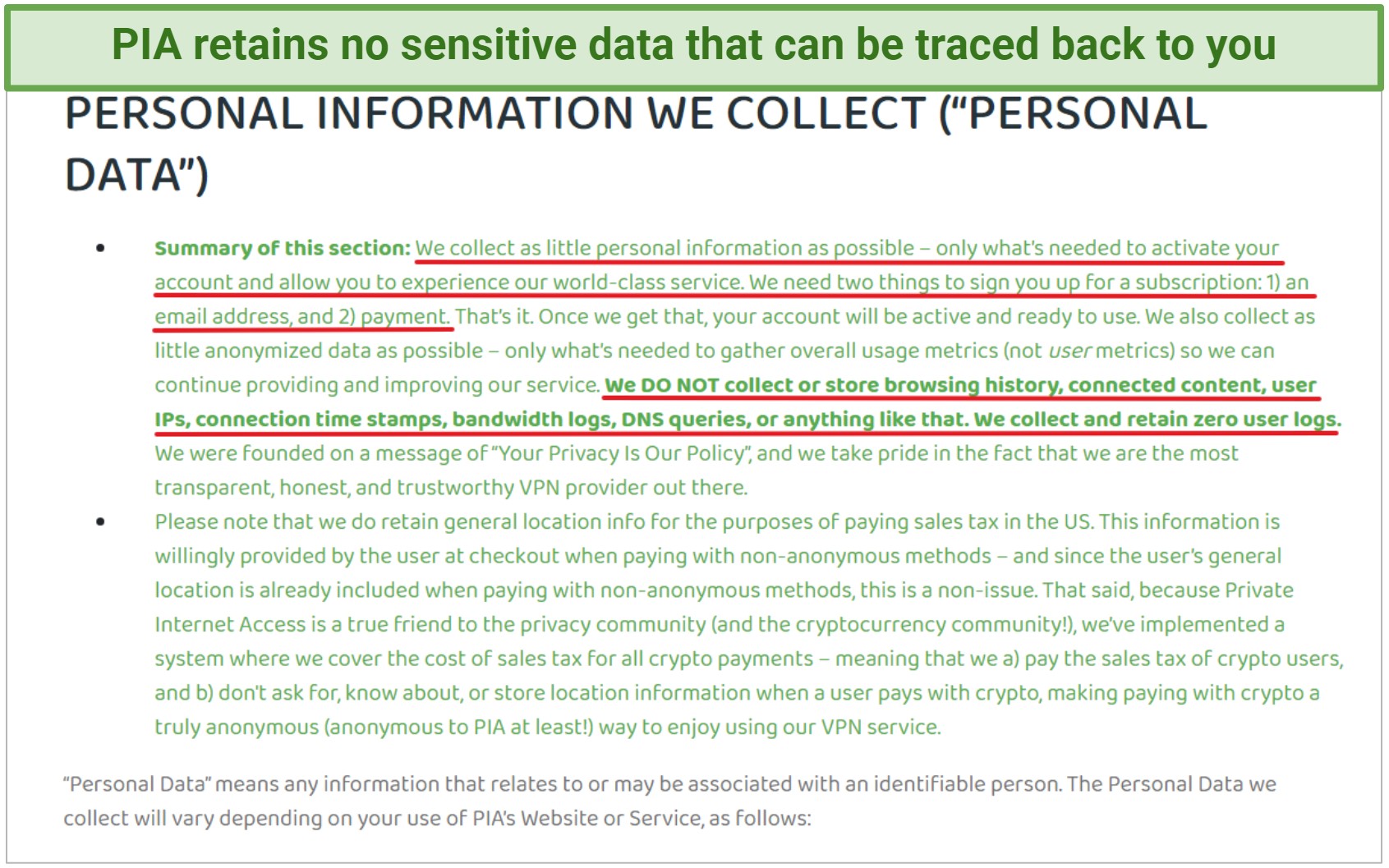 Screenshot of PIA's privacy policy claiming it collects zero logs