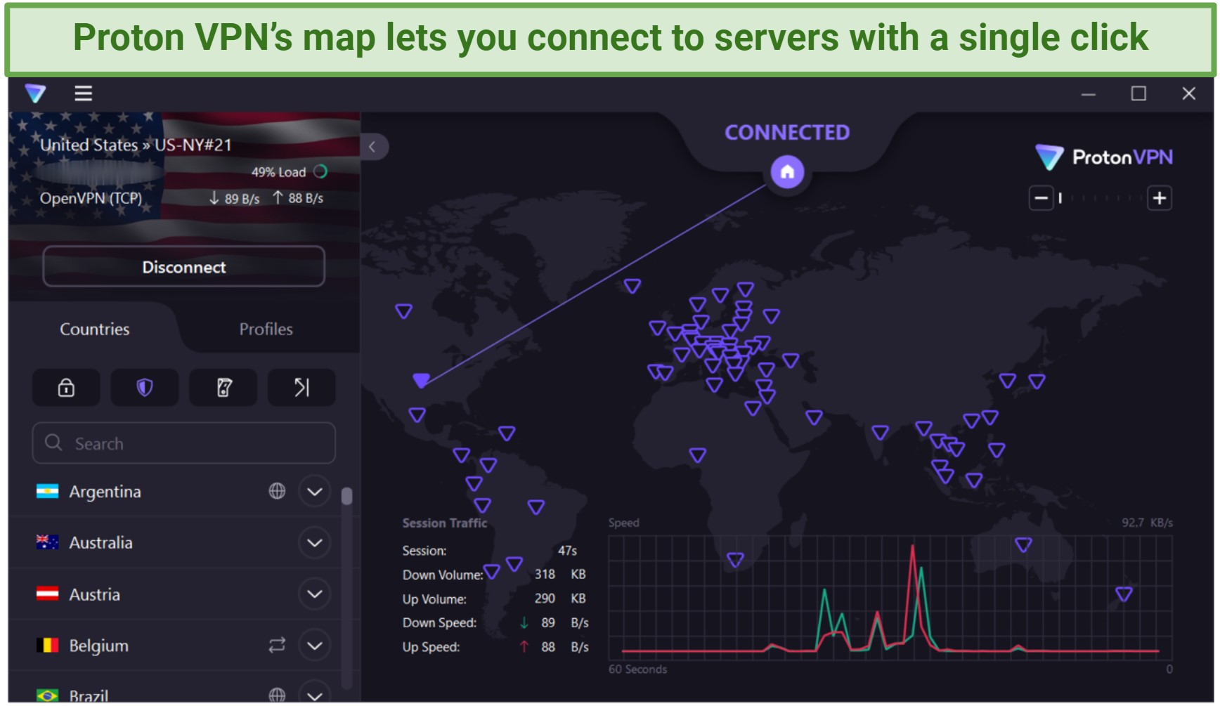 Screenshot of Proton VPN's Windows client showing the map interface and main menu