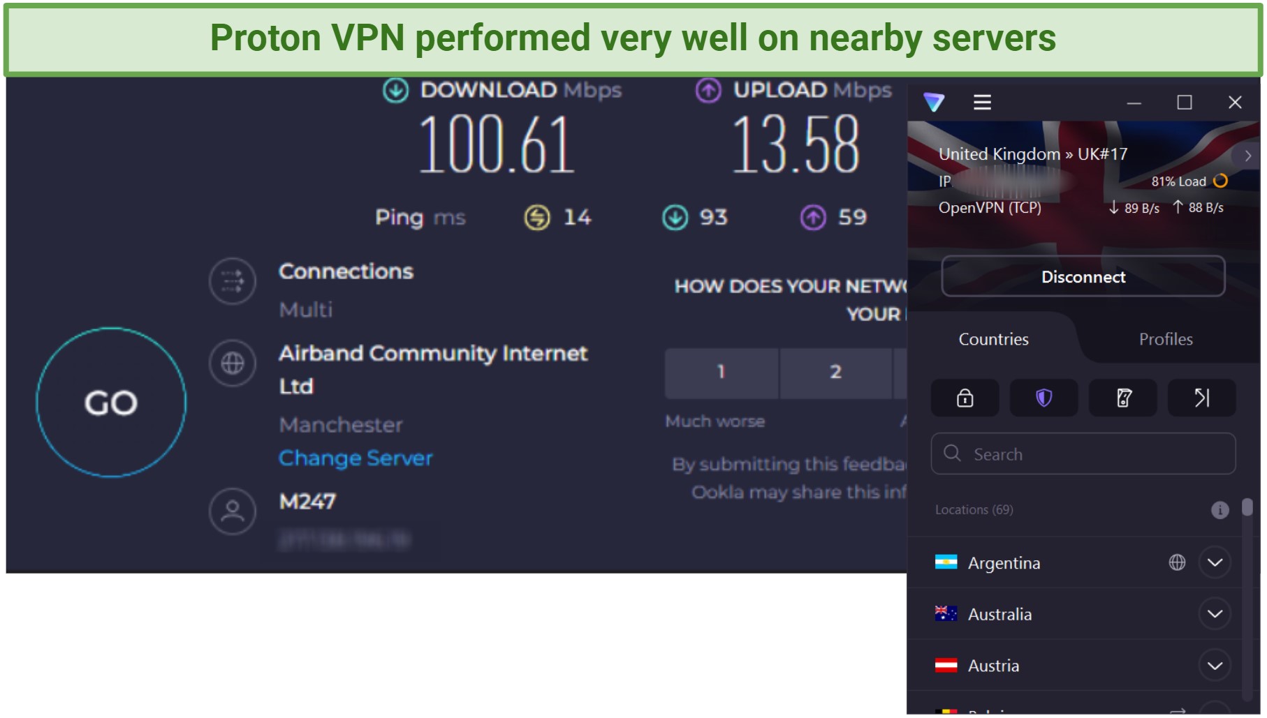 Screenshot showing Proton VPN's download and upload speeds