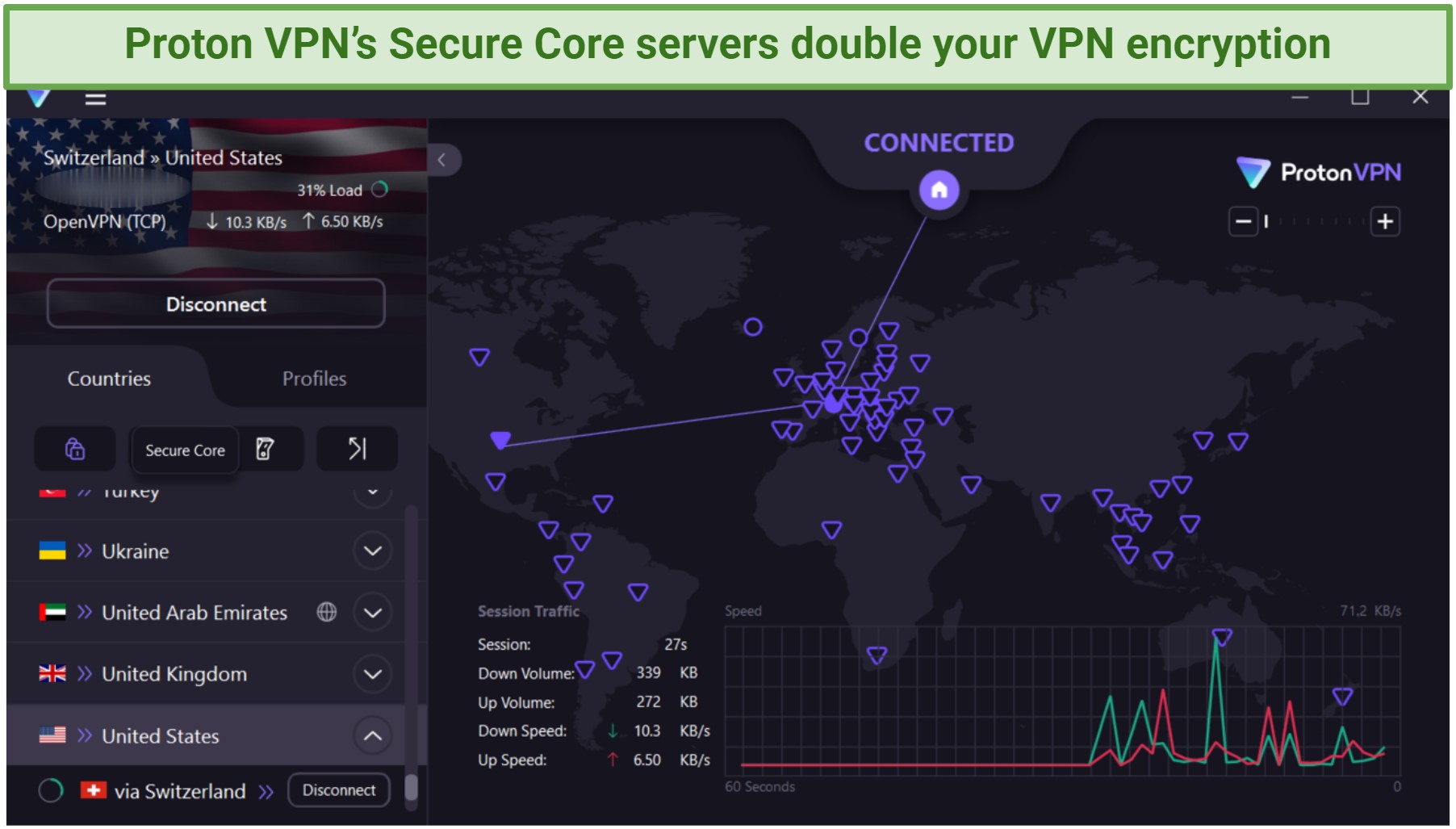 Screenshot of the Proton VPN app showing its Secure Core servers
