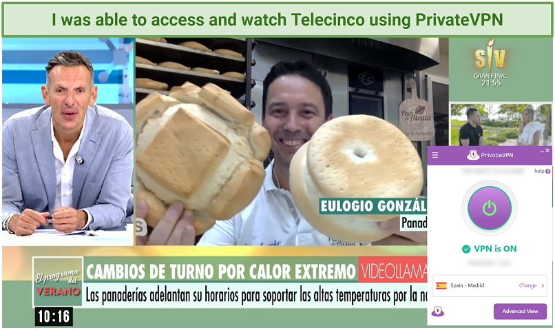 Graphic showing the live streaming of Telecinco using PrivateVPN's Madrid server.