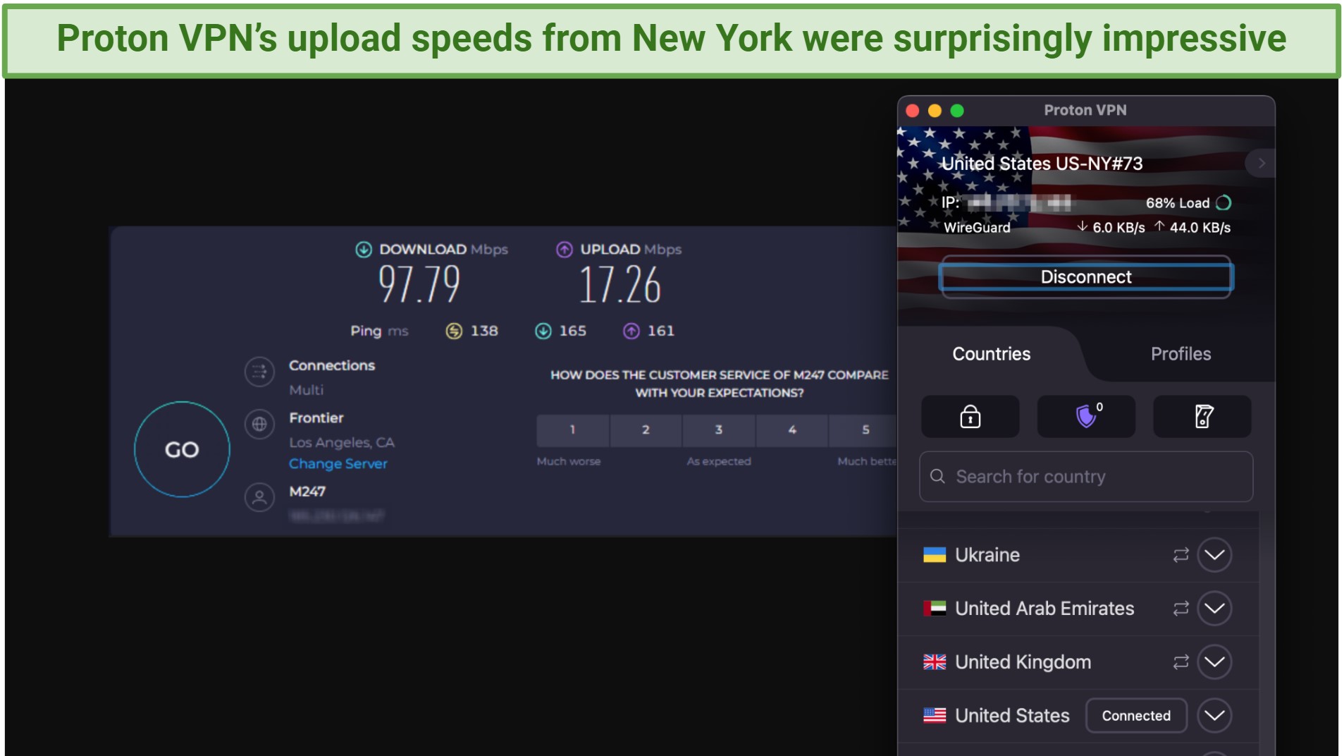 Screenshot of the Proton VPN app connected to a server in New York over an online speed test