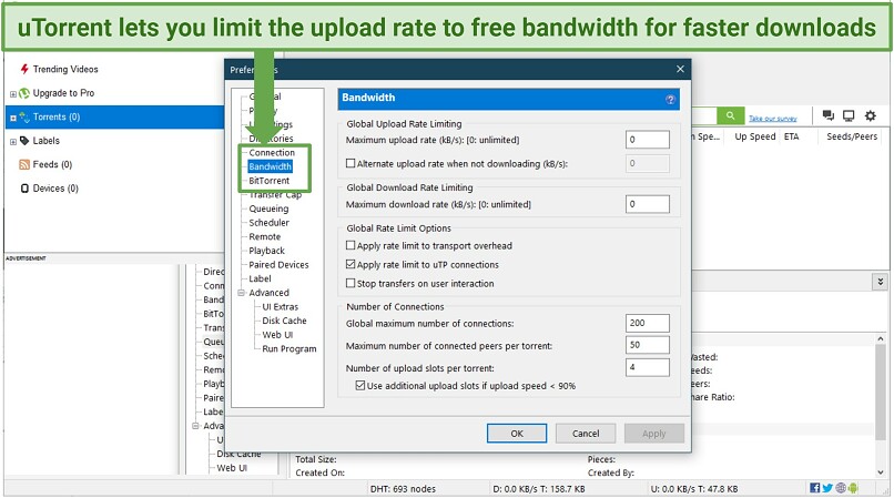 Screenshot of uTorrent bandwidth optimization options