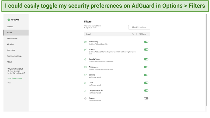 Screenshot showing how to toggle your filters in AdGuard