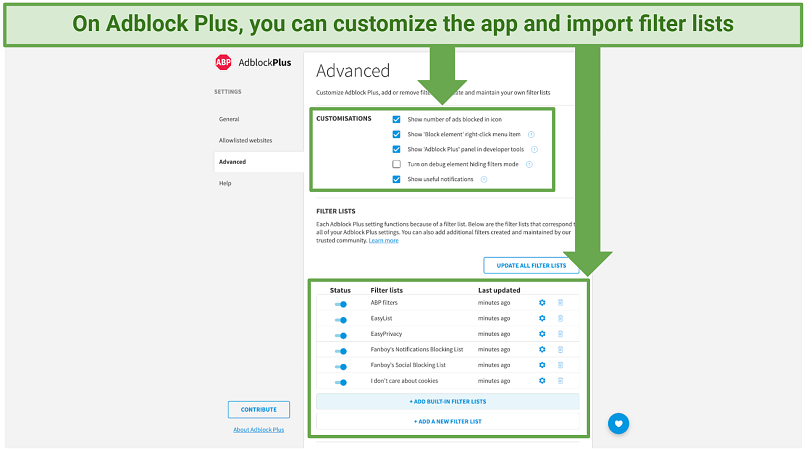 Screenshot showing how to customize the Adblock Plus app