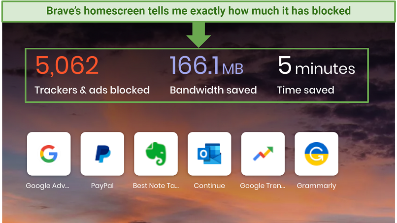 Screenshot showing the homepage of Brave browser which states how many ads Brave has blocked