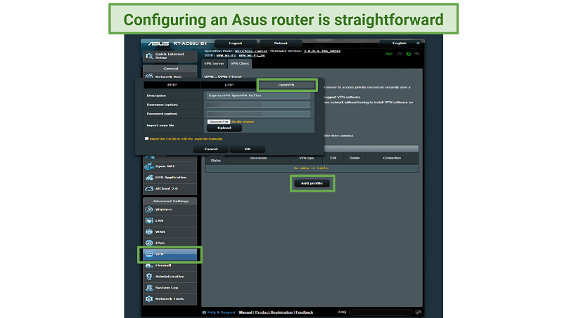 A screenshot of Asus router's settings page