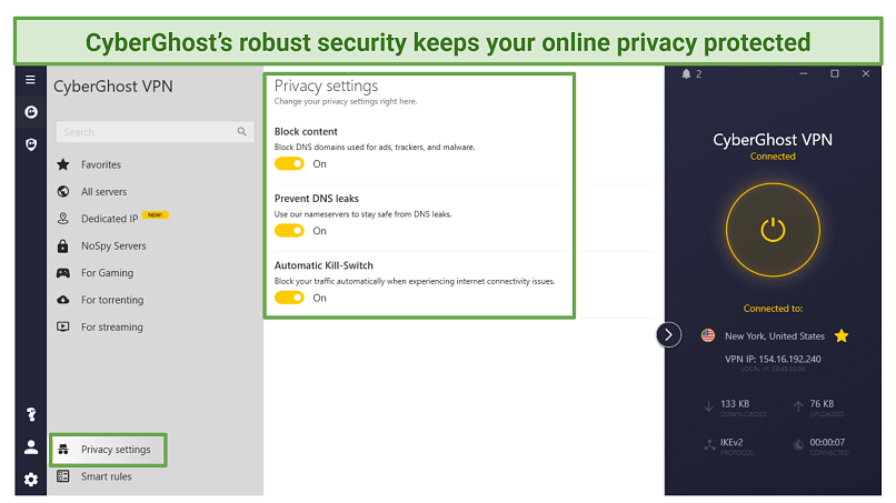 Screenshot of CyberGhost's privacy settings