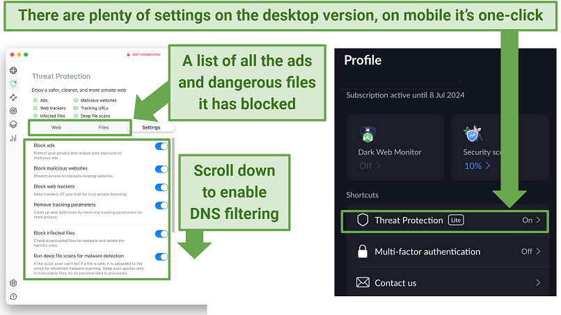 Screenshot showing NordVPN's Threat Protection ad blocker on desktop and mobile devices