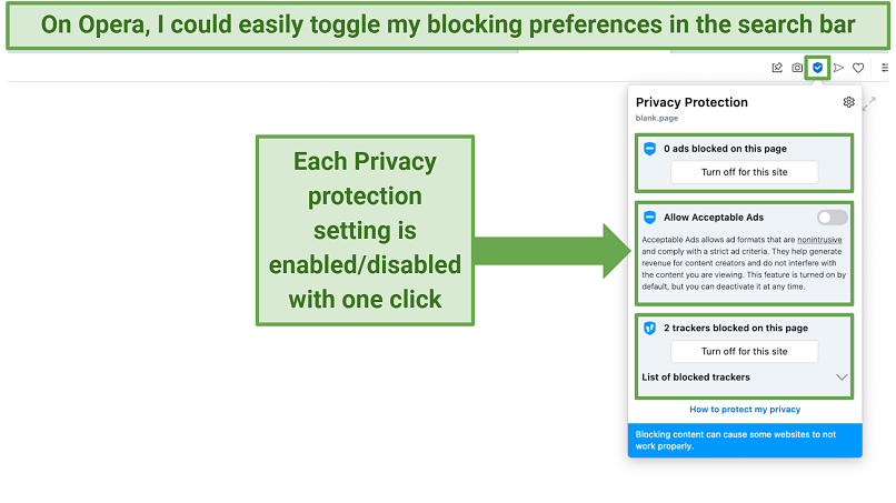 Screenshot showing how to toggle your privacy protection features on Opera browser