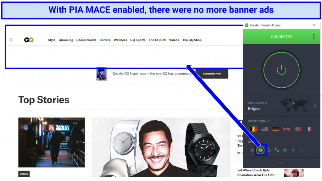 gqcom before and after images displaying with and without MACE ad blocking