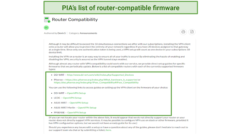 Screenshot of PIA's router compatibility on its website