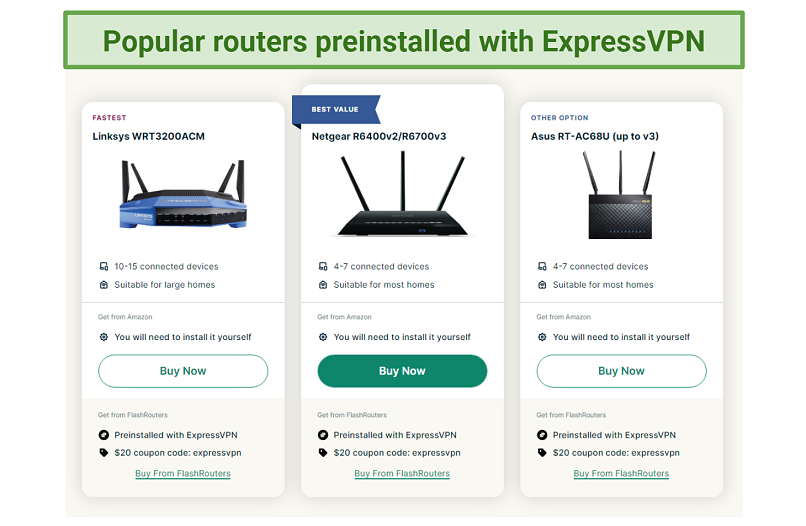 A screenshot of pre-configured routers from ExpressVPN's website