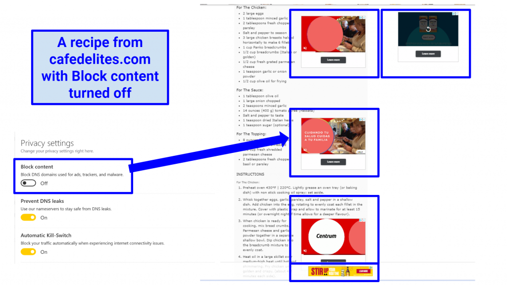 2 images demonstrating CyberGhost removing ads on a recipe website
