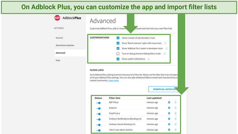 Screenshot showing how to customize the Adblock Plus app