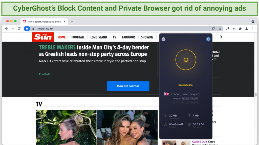 Screenshot showing an ad-free web page using CyberGhost's Block Content alongside its own Private Browser