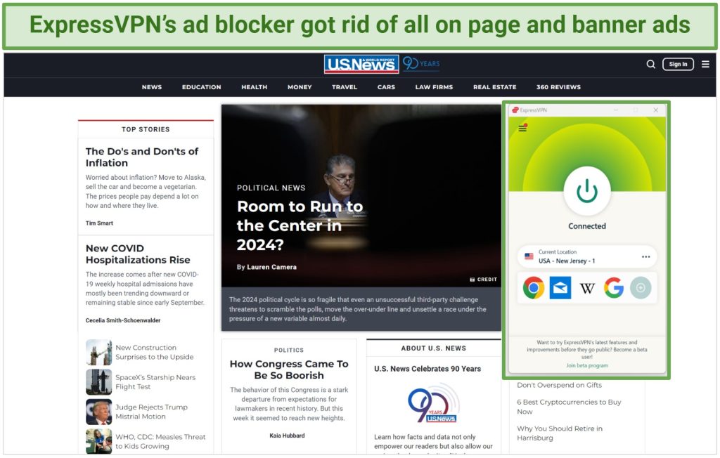 Screenshot of ExpressVPN removing ads from U.S. News site