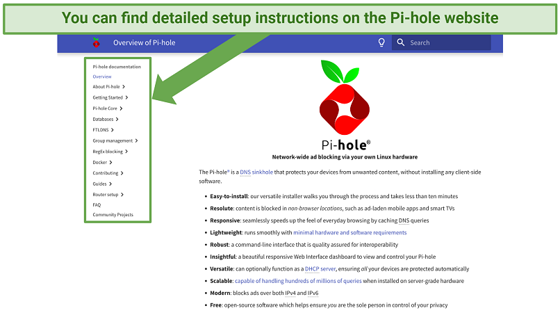 Screenshot showing the setup guide on the Pi-hole website