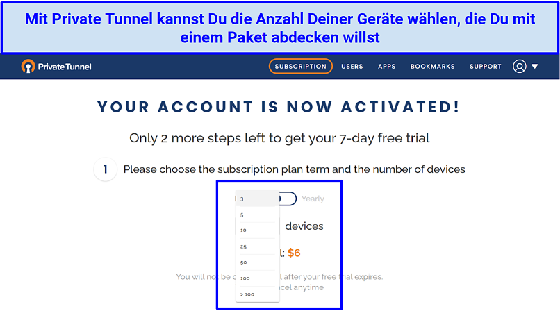 Screenshot of Private Tunnel's sign up page and the options to choose a subscription plan and number of devices you want to cover