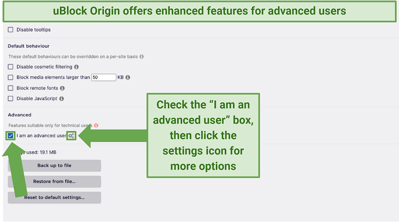 Screenshot showing the advanced features on uBlock Origin