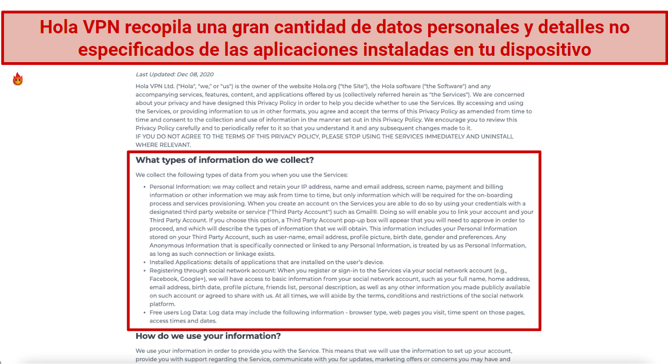 A screenshot of Hola VPN's privacy policy detailing the information that it collects from its users