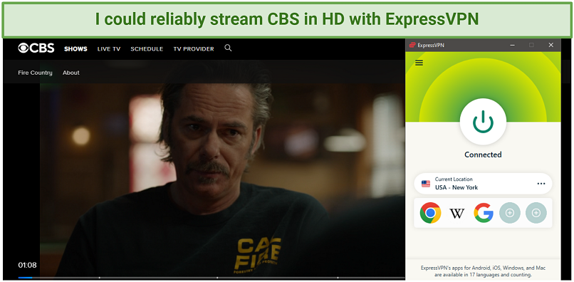 a screenshot of a show on CBS, with ExpressVPN connected