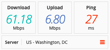 Speed test on a Buffered VPN server in the US.