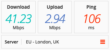 Speed test on a Buffered VPN server in the UK.