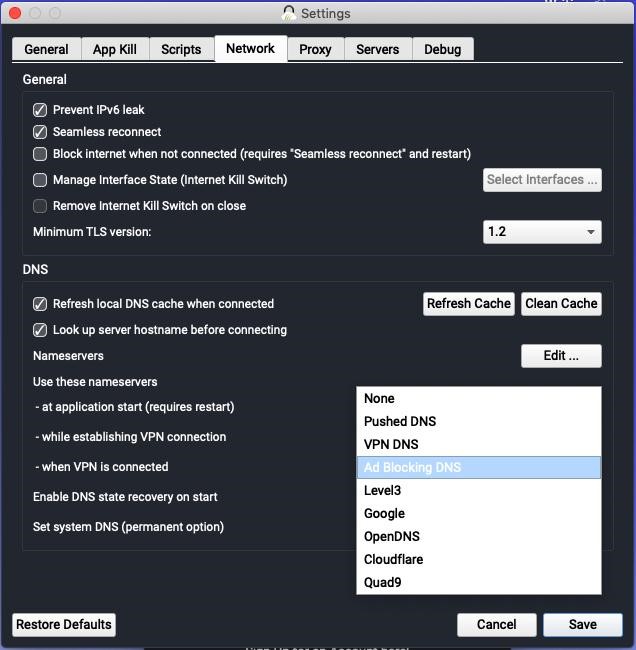 Interface de paramètres de Torguard